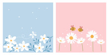 Cute Flower, Leaves And Butterfly Cartoon Isolated On Blue Background. Daisy Garden And Bee Cartoons Isolated On Pink Background Vector Illustration. Mother's Day Or Valentine's Day Cards.