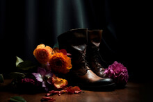 Leather Cowboy Boots And Live Garden Flowers. Props And Wilting Flowers Left By Somebody After Performance On The Background Of Theater Curtain. Generative AI