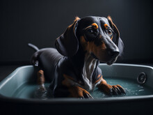 Dachshund Puppy Taking A Bath In A Basin With Water. AI Generated.