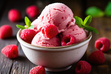 Appetizing Pink Ice Cream With Fresh Raspberries And Mint - Generative AI