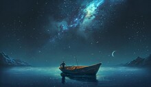 Fisherman In A Boat At Night Under The Milky Way, Illustration Painting, Generative AI