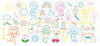 Colorful big of set Children cartoon icon doodle style. Collection outline of Boys, Girls, Toys, Animals. Childish coloring Kindergarten. Vector simple elements isolated on white background