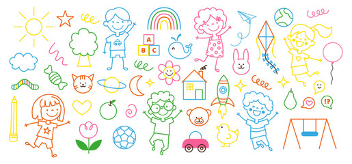 Colorful big of set Children cartoon icon doodle style. Collection outline of Boys, Girls, Toys, Animals. Childish coloring Kindergarten. Vector simple elements isolated on white background