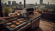 A Vibrant Urban Rooftop, Barbeque Setup With A Gas Grill, Surrounded By Modern Cityscape Views, And A Variety Of Grilled Meats, Vegetables, And Skewers With Colorful Sauces, Generative AI