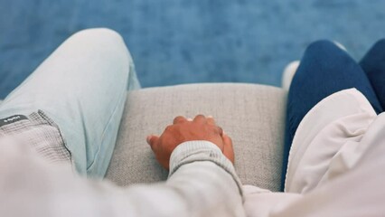 Poster - Above, couple and holding hands on a sofa with love, care and romance in their home together. Top view, finger and man with woman in a living room for intimacy, bond and romantic loving gesture