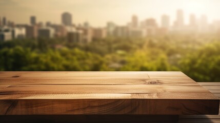 Wall Mural - a table made of wood, with a picture of a city in the backdrop Generative AI