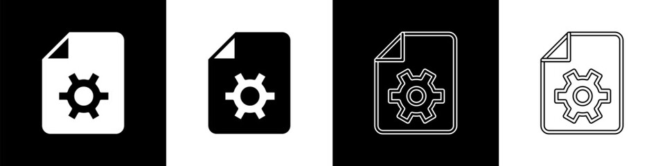 Poster - Set Document settings with gears icon isolated on black and white background. Software update, transfer protocol, teamwork tool management. Vector