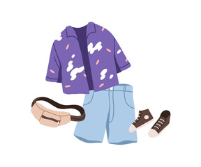 Wall Mural - Summer outfit set. Casual unisex apparel, garments in modern trendy style. Shirt, shorts, sneakers and cross-body bag, full fashion look. Flat vector illustration isolated on white background