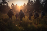 Fototapeta  - Young group of boy scouts hiking in the North American wilderness