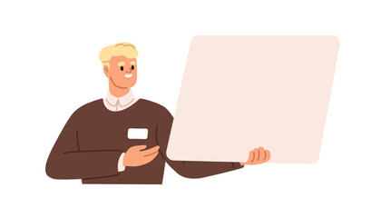 Poster - Businessman presenting blank paper. Business man speaker advertising, showing empty board, recommending, demonstrating at presentation banner. Flat vector illustration isolated on white background