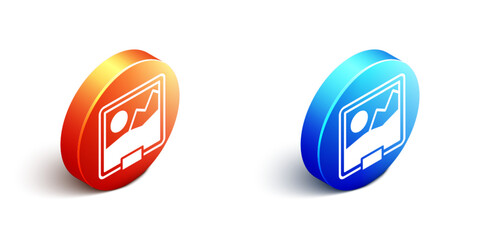 Poster - Isometric Picture icon isolated on white background. Orange and blue circle button. Vector