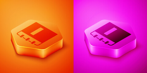 Poster - Isometric Notebook icon isolated on orange and pink background. Spiral notepad icon. School notebook. Writing pad. Diary for school. Hexagon button. Vector