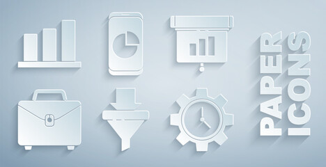 Poster - Set Sales funnel with arrows, Graph, chart, diagram, infographic, Briefcase, Time Management, Mobile phone and Pie icon. Vector