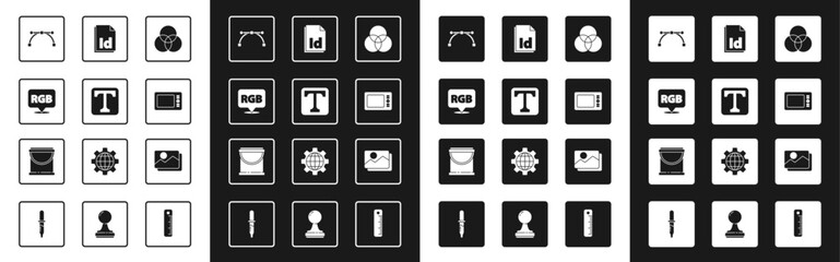 Poster - Set RGB and CMYK color mixing, Text, Speech bubble with, Bezier curve, Graphic tablet, ID File document, Picture landscape and Paint bucket icon. Vector