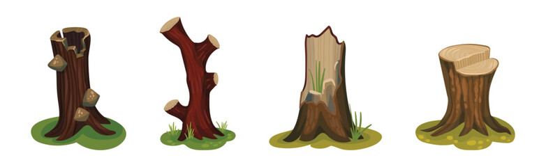 Wall Mural - Tree Stump and Old Forest Stub on Green Grass Vector Set