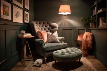 Sticker - cozy reading nook with plush armchair and floor lamp for nighttime reading, created with generative ai