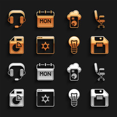 Poster - Set Browser setting, Office chair, Floppy disk, Light bulb, Document with graph chart, Cloud database, Headphones and Calendar icon. Vector