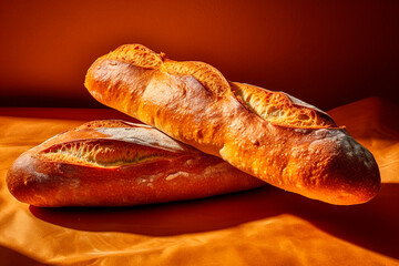 two loaves of bread on brown background created with generative ai technology