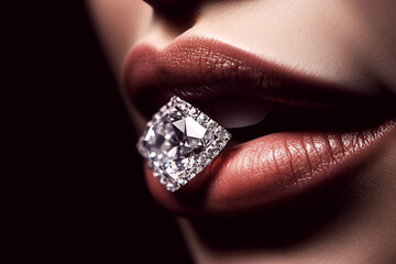 ring with gemstone diamond in woman's lips close-up. Generative AI