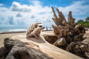 Sticker - exotic pet with view of beach, surrounded by driftwood and seashells, created with generative ai