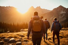 Group Tourists Of Hiker Sporty People Walks In Mountains At Sunset With Backpacks. Concept Adventure With Copy Space. Ai Generative