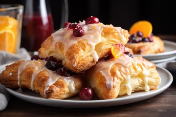 Wall Mural - plate of flaky puff pastries with fruit filling and icing, created with generative ai