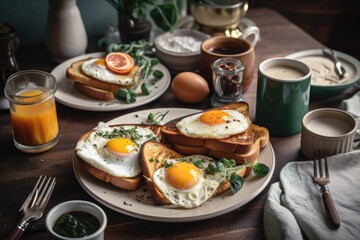 Poster - detailed plate of delicious breakfast, with eggs, toast, and coffee, created with generative ai