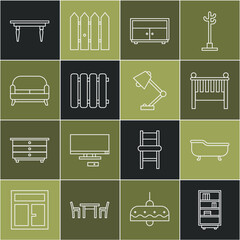 Canvas Print - Set line Library bookshelf, Bathtub, Baby crib cradle bed, Chest of drawers, Heating radiator, Sofa, Wooden table and Table lamp icon. Vector