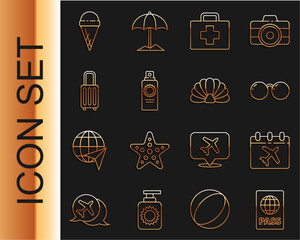 Sticker - Set line Passport, Calendar and airplane, Glasses, First aid kit, Sunscreen spray bottle, Suitcase, Ice cream in waffle cone and Scallop sea shell icon. Vector