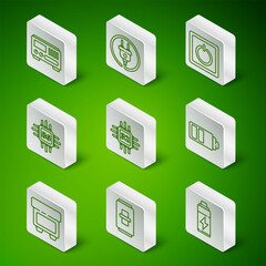 Poster - Set line Battery, Electric light switch, Electrical measuring instruments, Processor with microcircuits CPU, plug, Fuse and charge level indicator icon. Vector