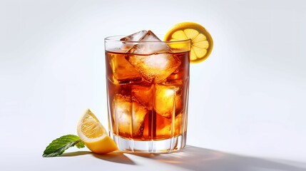 Wall Mural - a glass filled with iced tea garnished with fresh lemon slices and mint leaves. AI Generative Image 
