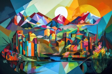 Sticker - cubist rendering of abstract landscape, with geometric shapes and vibrant colors, created with generative ai