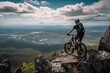 enthusiast mountain biking over rocky terrain with view of the valley below, created with generative ai