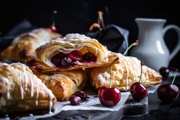 Poster - flaky puff pastry turnovers with cherry filling and sugar sprinkle on top, created with generative ai