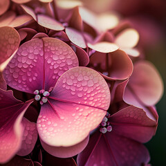 Wall Mural - Pink hydrangea flower and green leaves closeup.