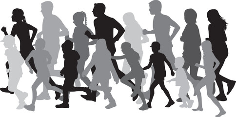 Poster - Group of people running, conceptual silhouettes.