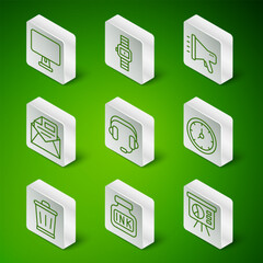 Poster - Set line Board with graph, Inkwell, Computer monitor, Headphones, Mail and e-mail, Wrist watch, Trash can and Clock icon. Vector