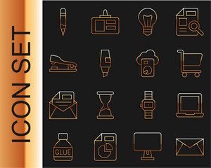 Poster - Set line Mail and e-mail, Laptop, Shopping cart, Light bulb, Marker pen, Stapler, Pencil and Cloud database icon. Vector
