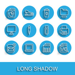 Poster - Set line Envelope, Laptop, Document with graph chart, Paper shredder, Pencil, Printer and USB flash drive icon. Vector