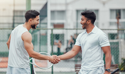 Poster - Happy man, tennis and handshake for fitness, partnership or deal in competition or game on court. Men or friends shaking hands for sports training, teamwork or support in friendly match or agreement