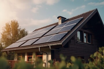 Poster - solar panels on the roof of eco-friendly home, generating clean energy, created with generative ai