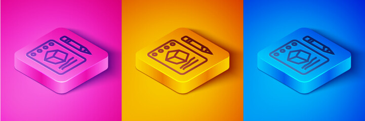 Poster - Isometric line Sketch on paper icon isolated on pink and orange, blue background. Square button. Vector