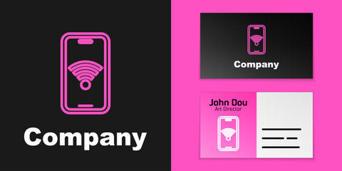 Poster - Pink line Smartphone with free wi-fi wireless connection icon isolated on black background. Wireless technology, wi-fi connection, wireless network. Logo design template element. Vector