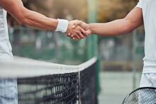 Man, Tennis And Handshake For Fitness, Partnership Or Deal In Competition Or Game On Court. Hand Of Men Or Friends Shaking Hands For Sports Training, Teamwork Or Support Friendship In Match Agreement