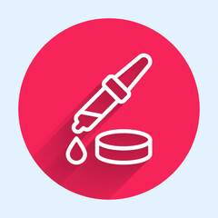 Poster - White line Pipette icon isolated with long shadow background. Element of medical, chemistry lab equipment. Pipette with drop. Medicine symbol. Red circle button. Vector