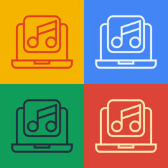 Aufkleber - Pop art line Laptop with music note symbol on screen icon isolated on color background. Vector