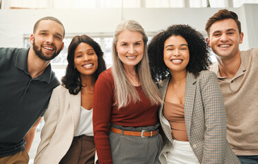 Poster - Teamwork, smile and support with portrait of business people for community, diversity and motivation. Solidarity, team building and happy with friends in office for expert, management and commitment