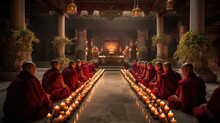 A Group Of Monks Engaged In A Traditional Ceremony Inside A Tranquil Monastery Generative AI