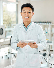Aufkleber - Happy, portrait and an Asian scientist with a tablet for research, medical planning and innovation. Smile, futuristic and a male lab worker with technology for science, online physics and internet