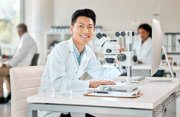 Poster - Portrait, science and microscope with an asian man doctor working in a lab for research or innovation. Healthcare, medical and investigation with a male scientist working in a laboratory for analysis